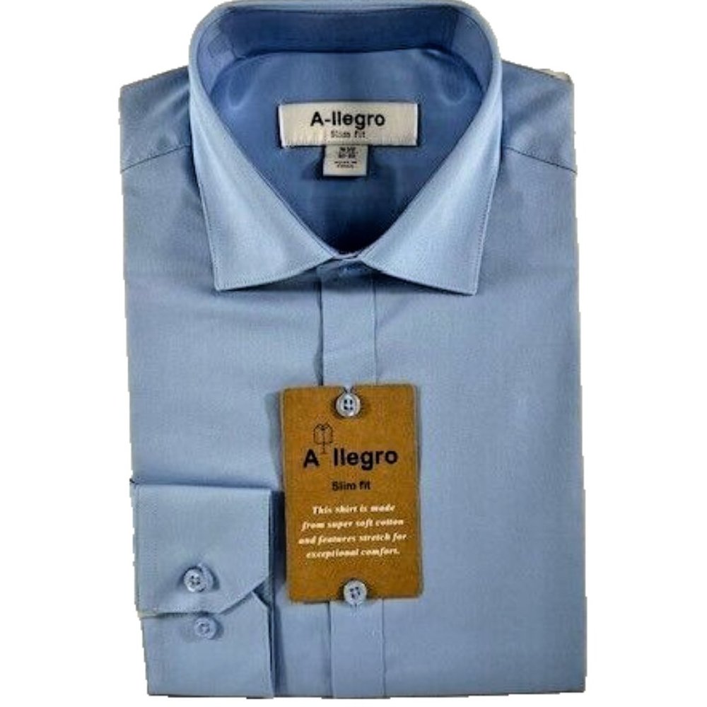 A-llegro Men's Dress Shirt Blue Convertible Cuff Slim Fit Sizes 14.5 - 16.5